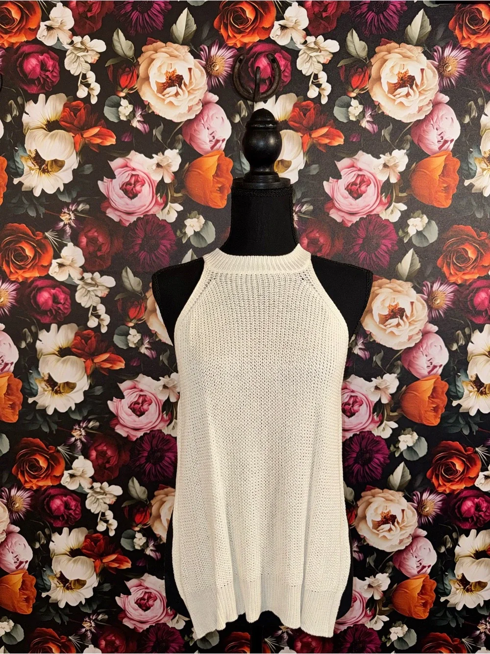 Lulu's Cream Knit Crochet Halter Swim Coverup with tie-up sides, M